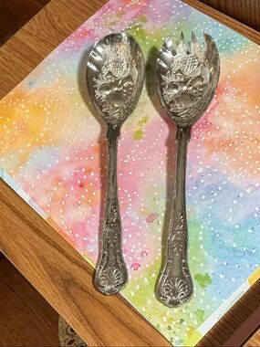 Vintage FB Roger’s Italy Silver plate large ornate salad serving Fork & Spoon